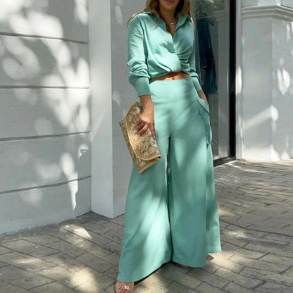 Women's 2 Piece Collared Shirt Wide Leg Pants Set