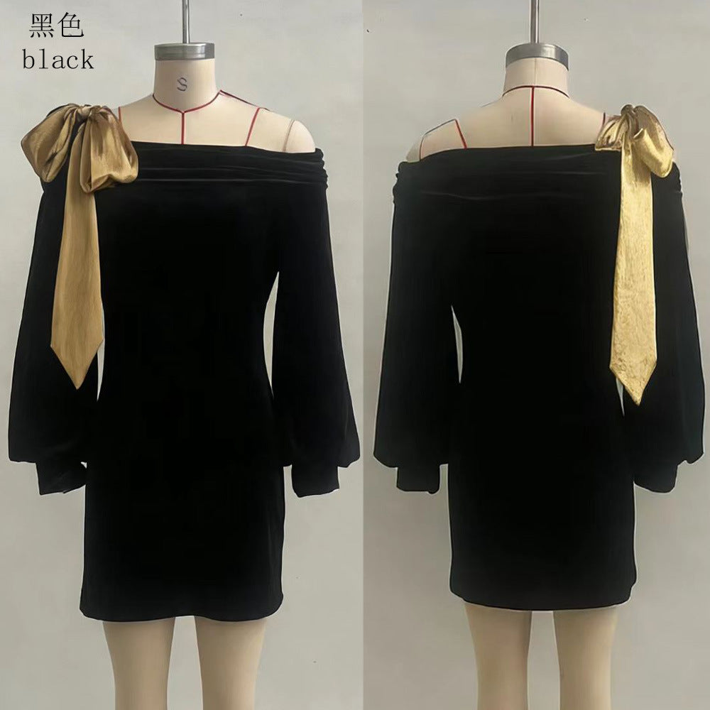 Black Mini Dress Off Shoulder Contrast Bow Puff Sleeve