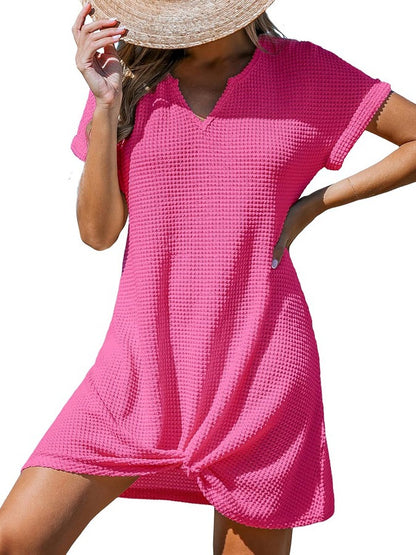 Waffle Knit V-Neck Short Sleeve Beach Cover Up Dress