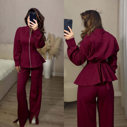 Women's 2 Piece Zip Up Cinched Waist Wide Leg Pants Set