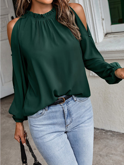 Ruffle Mock Neck Cold Shoulder Chiffon Blouse