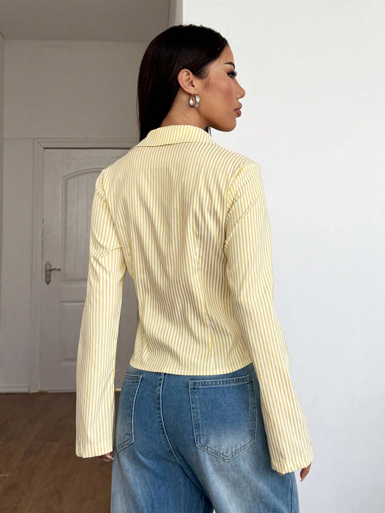 Striped V Neck Button Down Fitted Shirt Blouse for Women