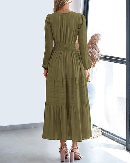 Women's V-Neck Long Sleeve Tiered Maxi Smocked Cotton Dress