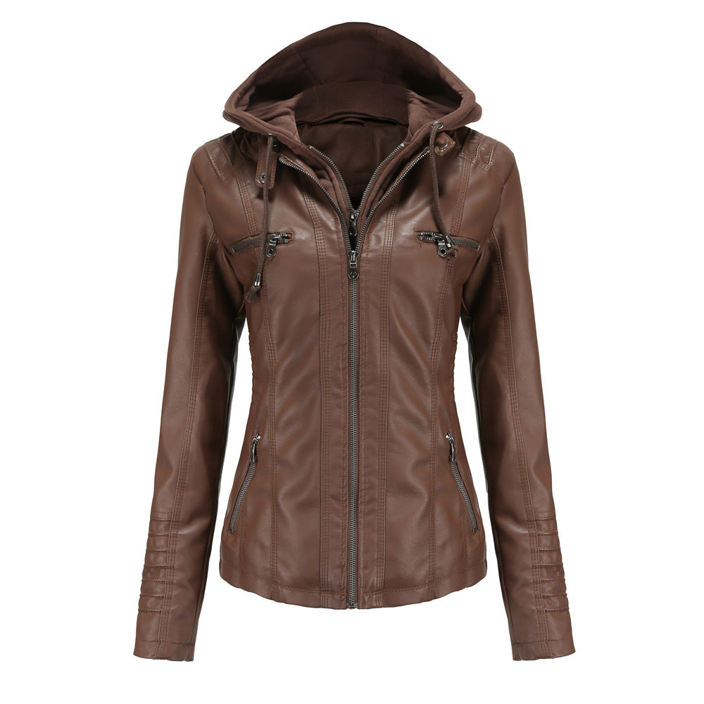 Women's Faux Leather Moto Jacket Removable Hood Plus Size