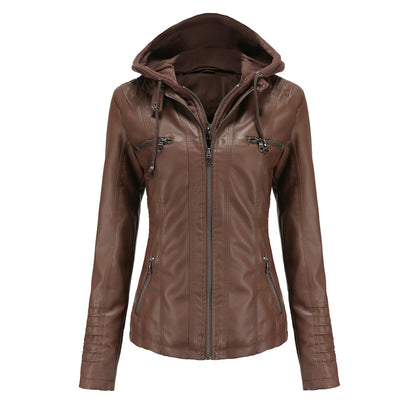 Women's Faux Leather Moto Jacket Removable Hood Plus Size