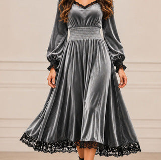 Women's Velvet Lace Trim V-Neck Long Sleeve Midi Dress