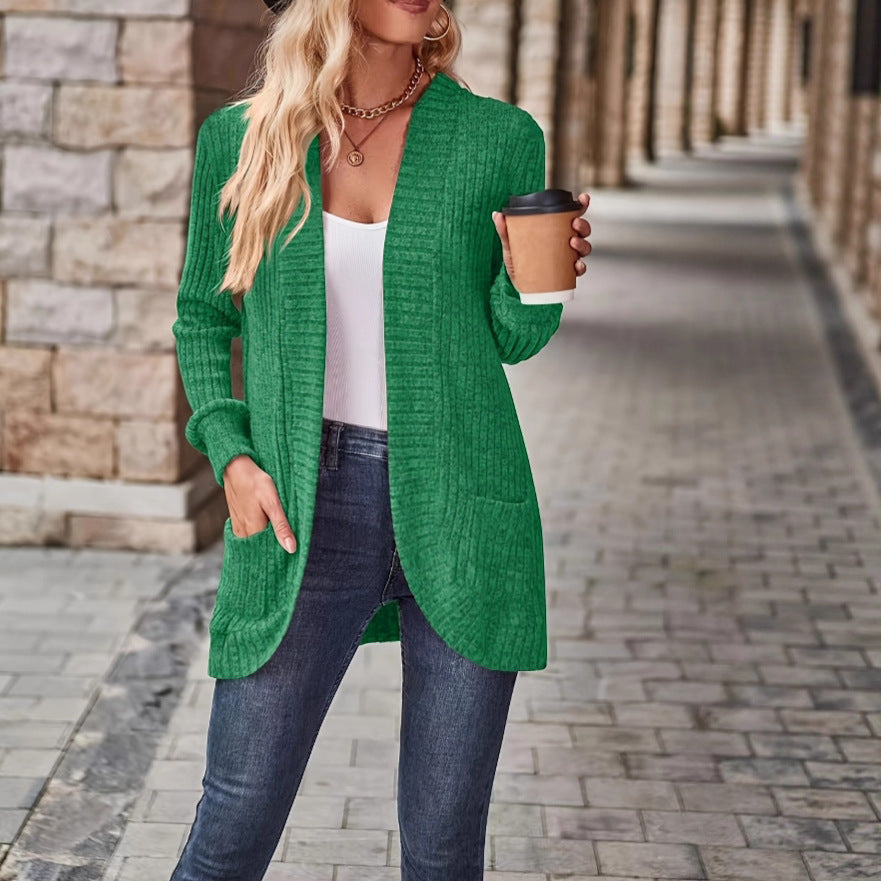 Women's Open Front Ribbed Knit Long Cardigan with Pockets
