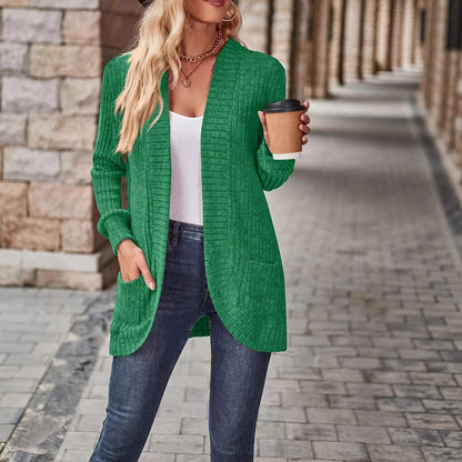 Women's Open Front Ribbed Knit Long Cardigan with Pockets