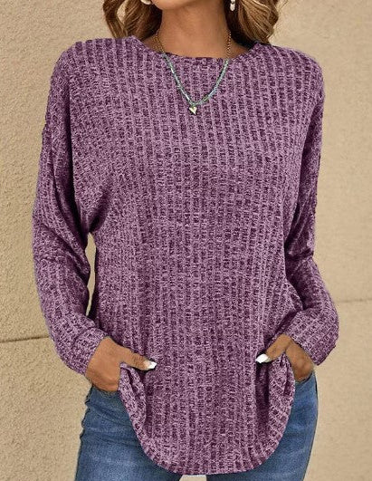 Women's Ribbed Knit Crew Neck Long Sleeve Sweater Top