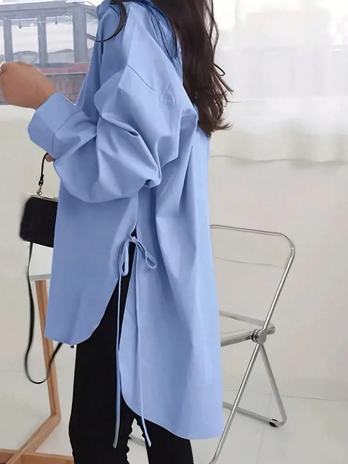 Womens Oversized Shirt Side Tie High Low Long Sleeve Tunic
