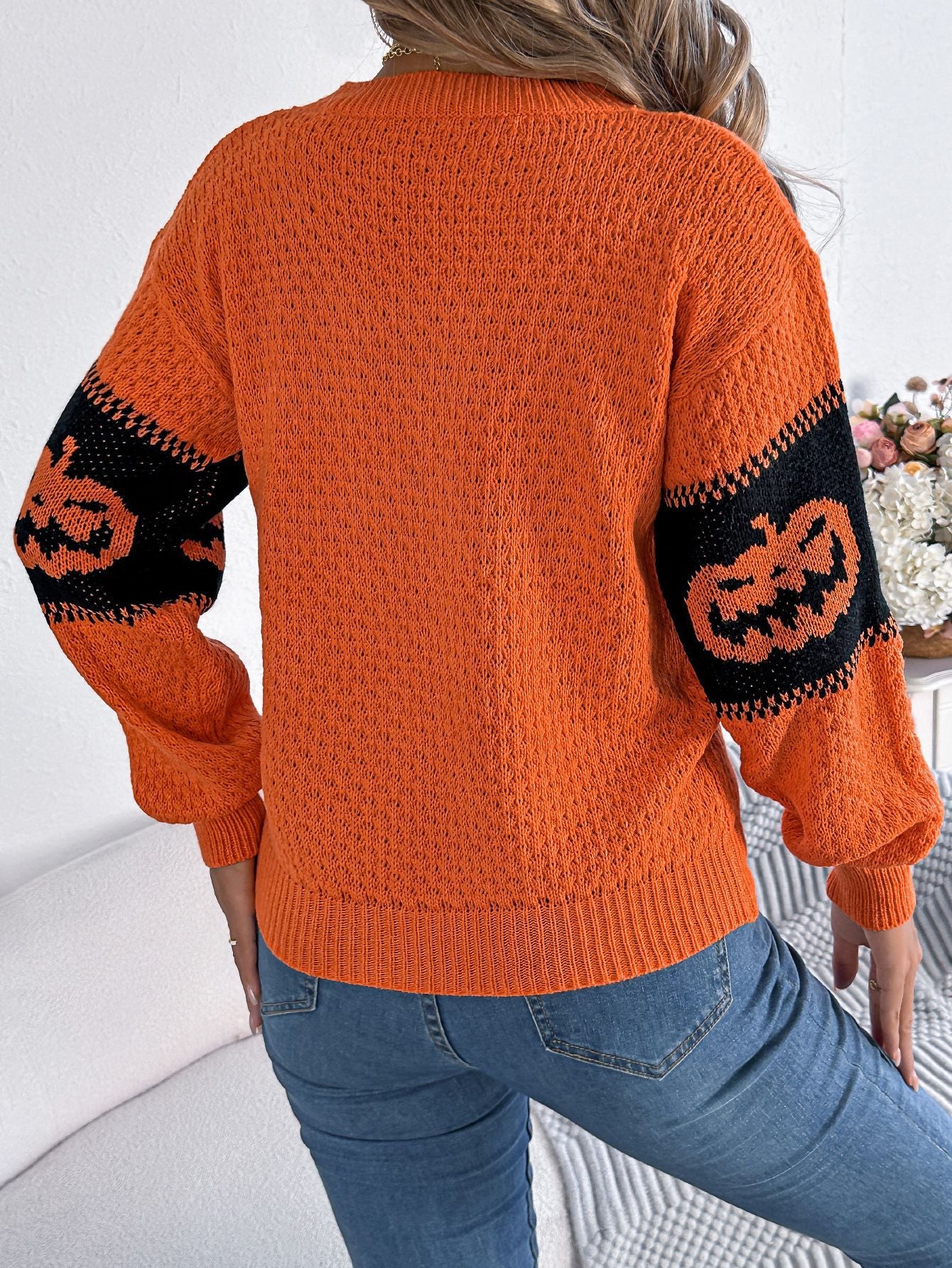 Halloween Pumpkin Pattern Colorblock Long Sleeve Sweater
