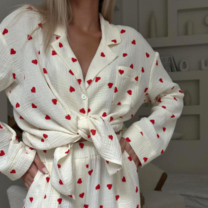 Women's Heart Print Cotton Pajama Set Long Sleeve Pants