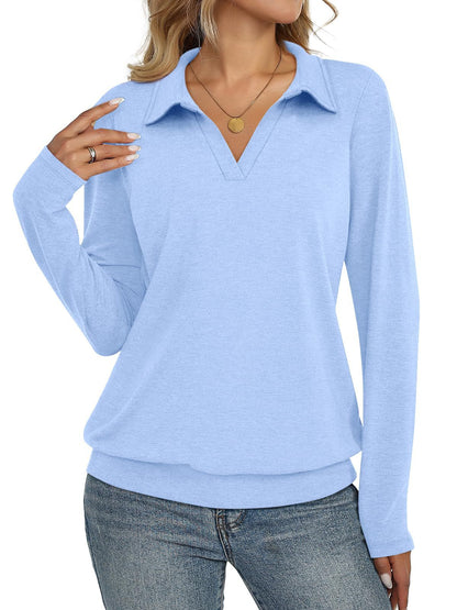 Women's Collared V Neck Long Sleeve Casual Knit Top