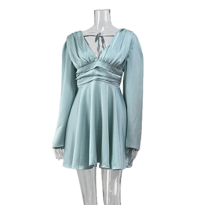 Women's Satin Bell Sleeve V-Neck Ruched Mini Dress