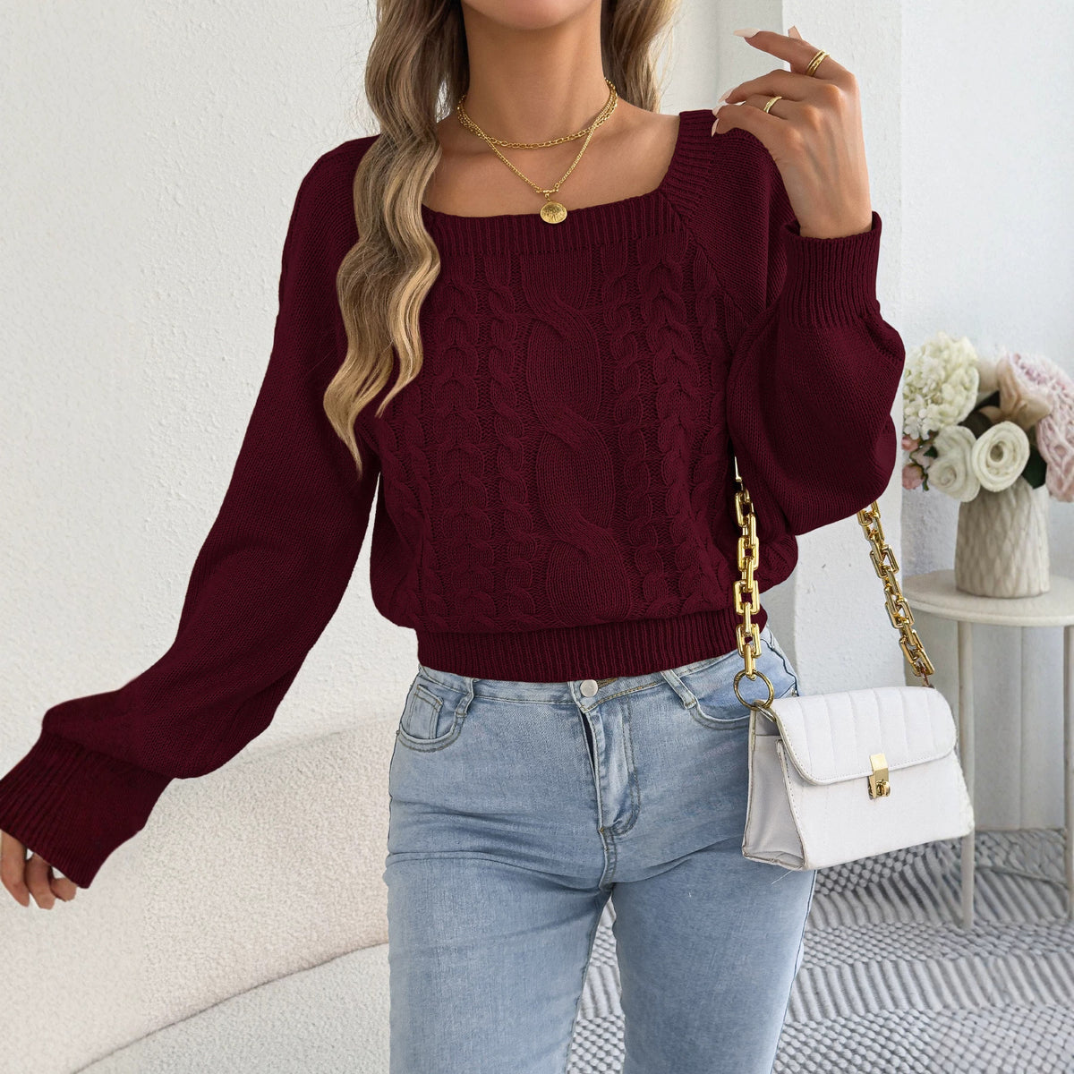Women's Square Neck Cable Knit Lantern Sleeve Sweater