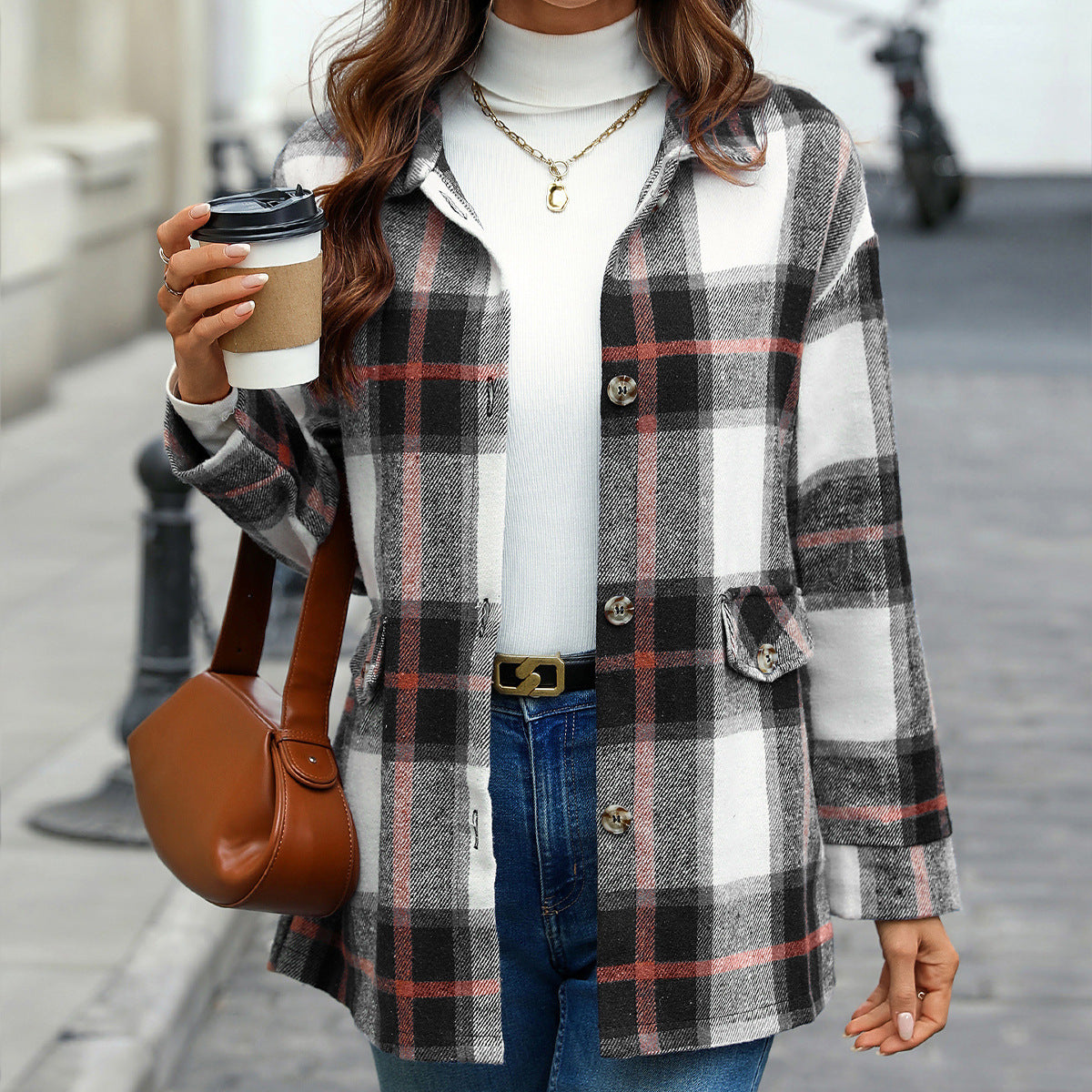 Women's Plaid Shacket Oversized Button Down Jacket