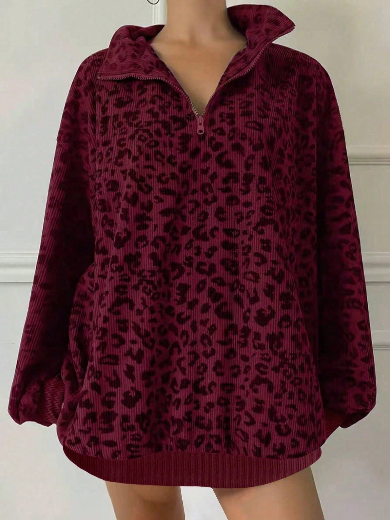 Leopard Print Oversized Quarter Zip Pullover Sweatshirt