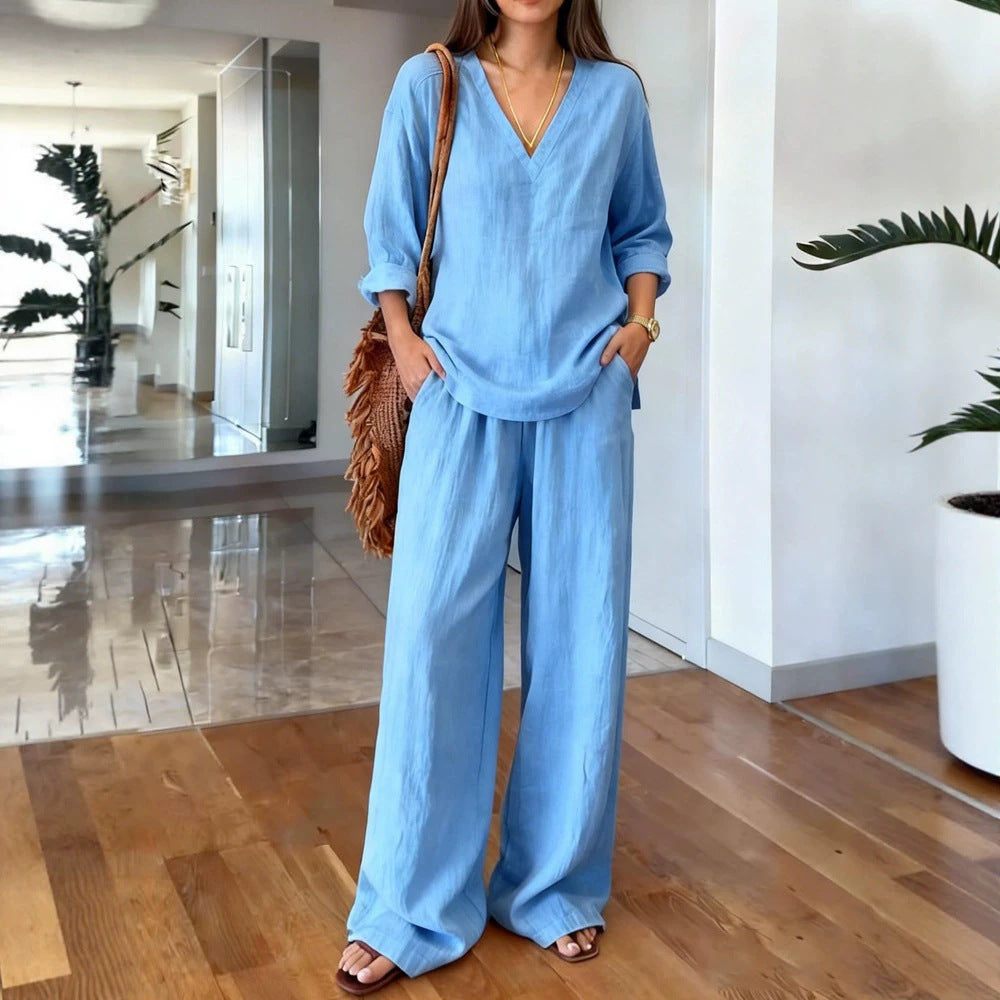 Women's V Neck Lounge Set Wide Leg Pants 2 Piece