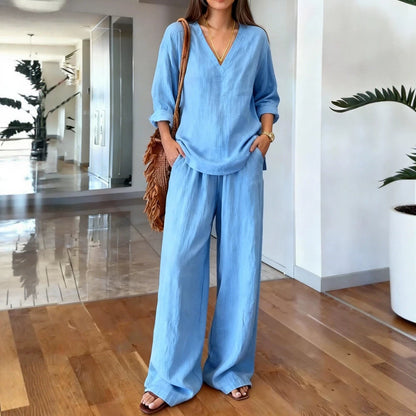 Women's V Neck Lounge Set Wide Leg Pants 2 Piece