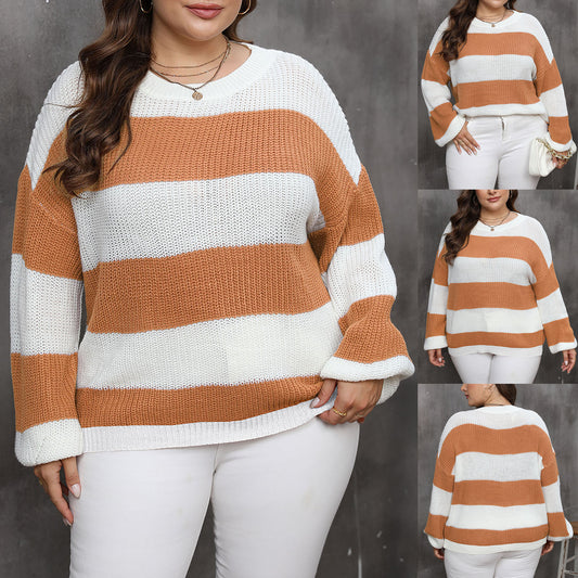 Women's Contrasting Striped Intercolor Long Sleeve Sweater