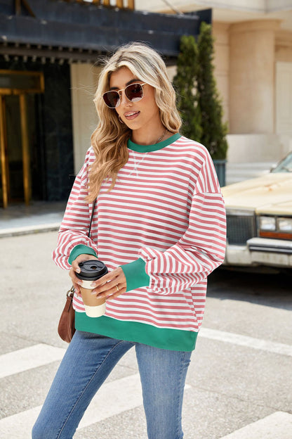 Striped Color Block Crew Neck Loose Fit Long Sleeve Sweatshirt