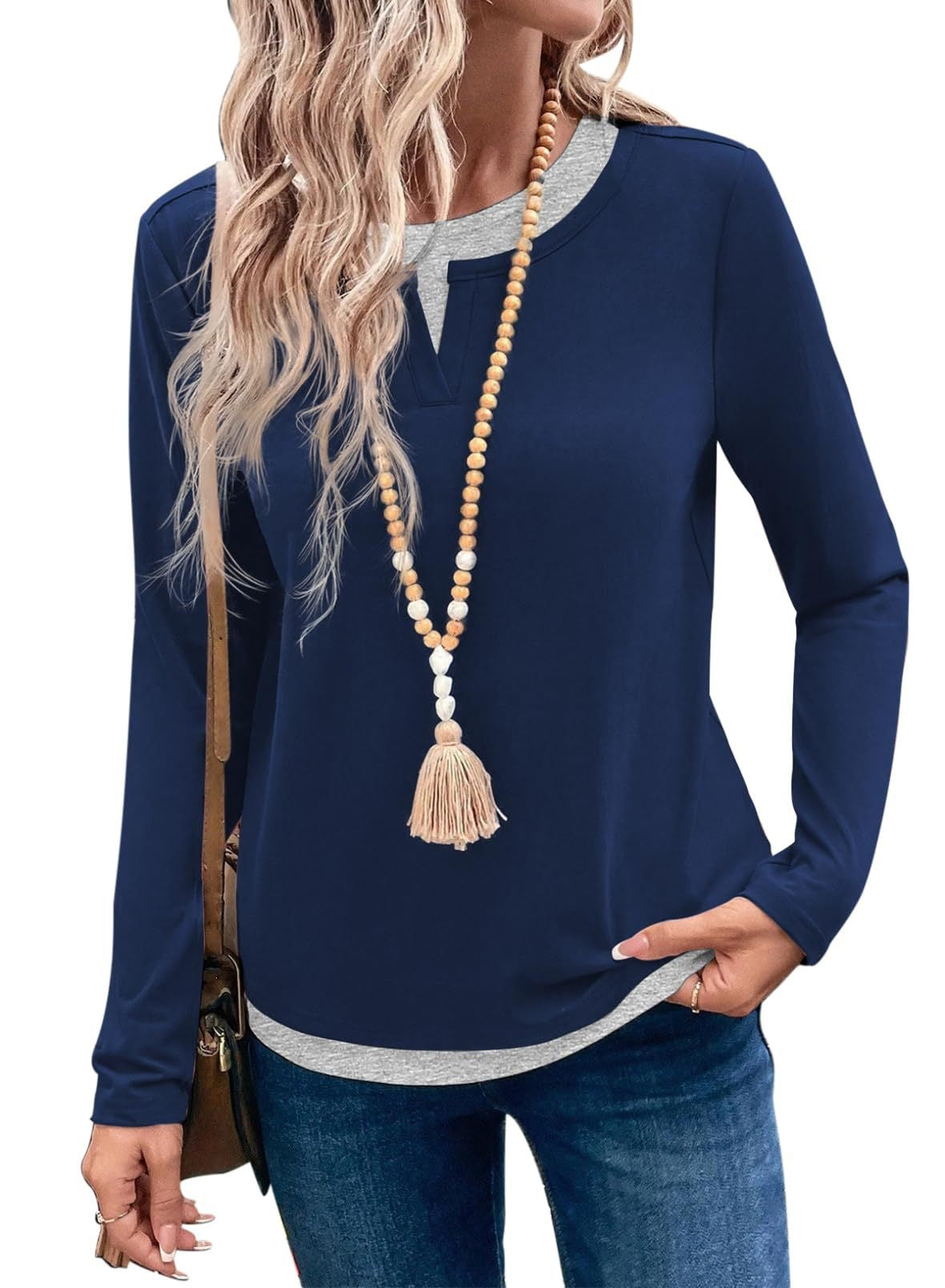 Color block layered look top split neck long sleeve