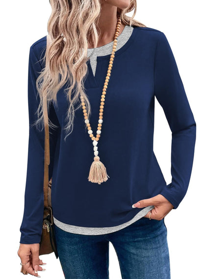 Color block layered look top split neck long sleeve