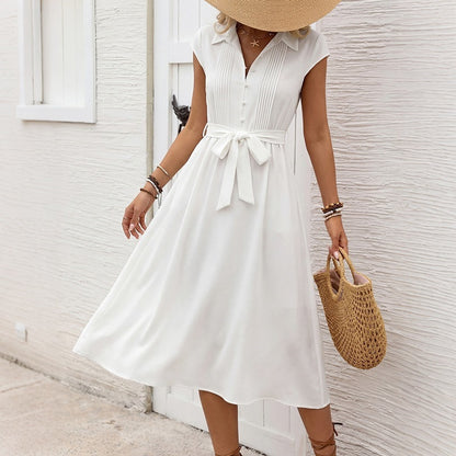 White Collared Tie Waist Shirt Dress Midi