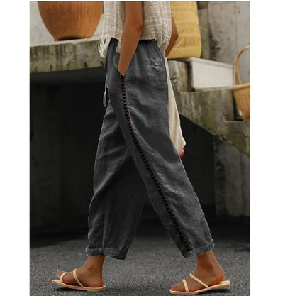 Women's Cotton Straight Leg Pants with Side Crochet Detail