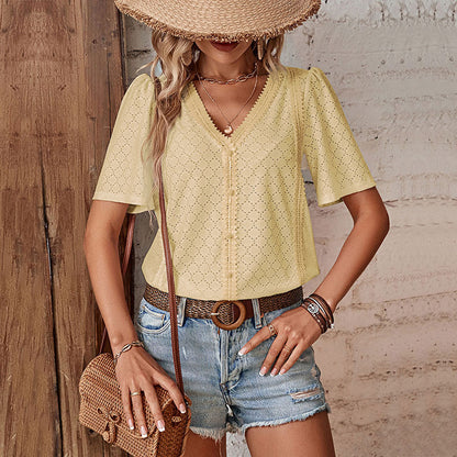 Eyelet Lace V Neck Blouse Casual Short Sleeve Summer Top