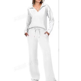 Women's 2-Piece Set Collared Top Drawstring Wide Leg Pants