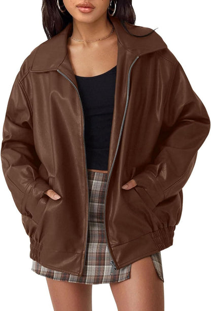 Women's Oversized Faux Leather Moto Jacket Zip Up