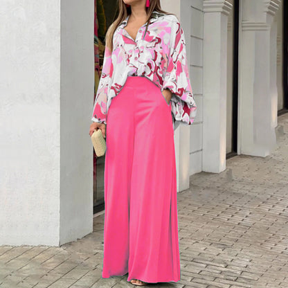 Women's Printed Blouse Wide Leg Pant 2 Piece Set