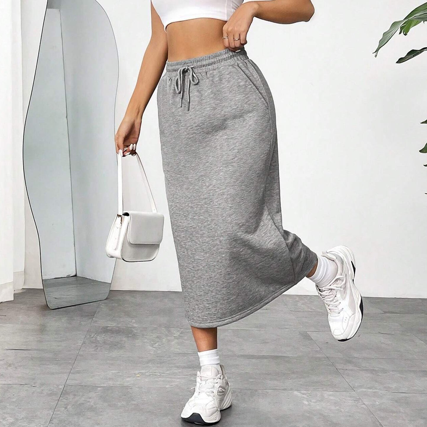 Solid Midi Skirt Drawstring Waist Pocket Slit Casual