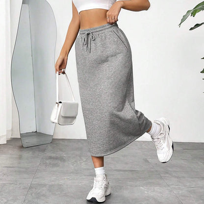 Solid Midi Skirt Drawstring Waist Pocket Slit Casual