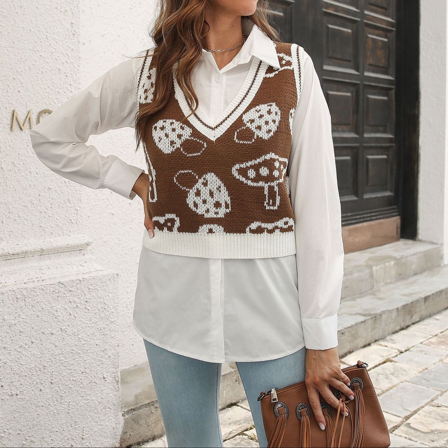 Women's Mushroom Argyle V Neck Knit Sweater Vest