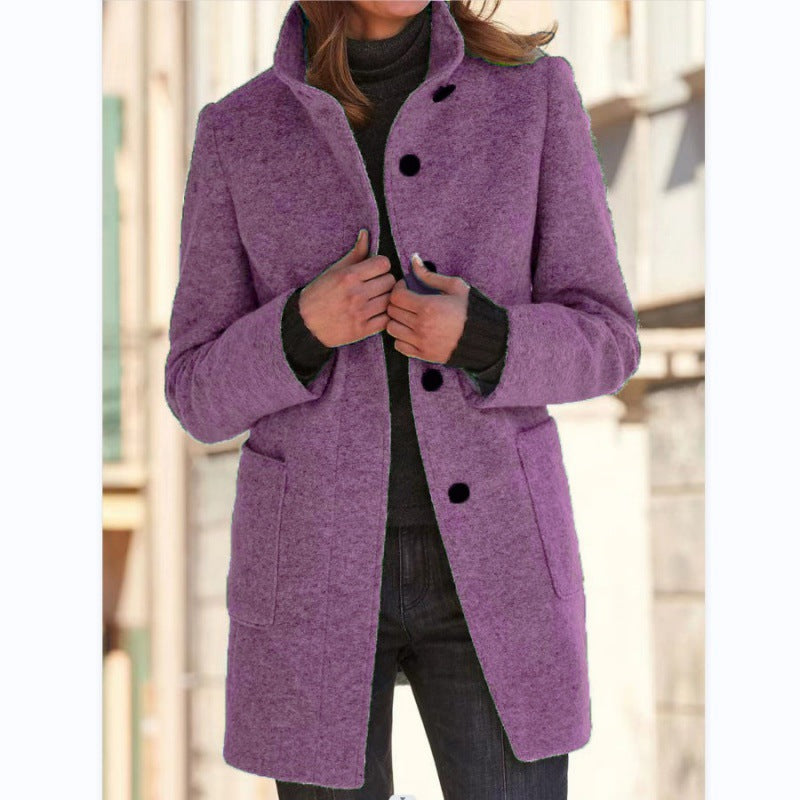 Women's Vintage Wool Blend Stand Collar Button Coat
