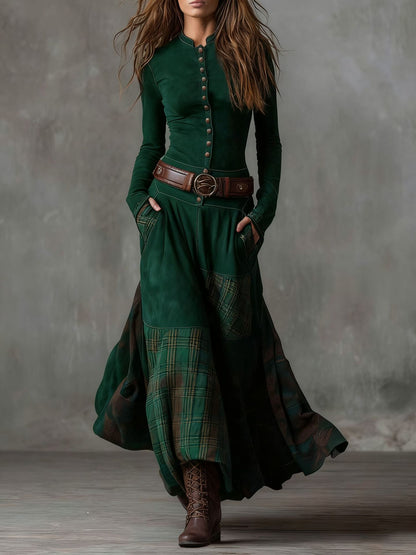 Suede Plaid Patchwork Maxi Dress Belted Pockets
