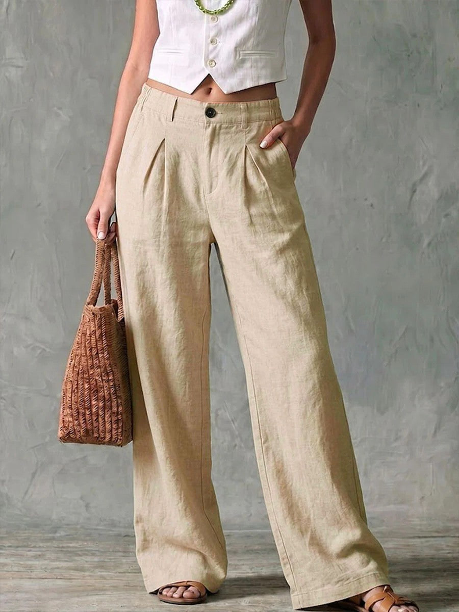 Women's Pleated Linen Blend High Waist Wide Leg Pants