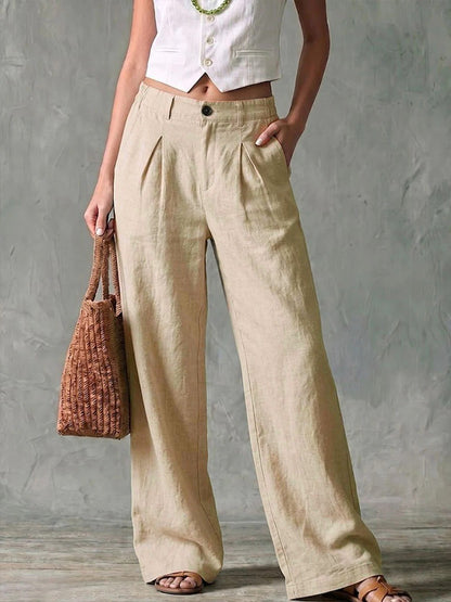 Women's Pleated Linen Blend High Waist Wide Leg Pants