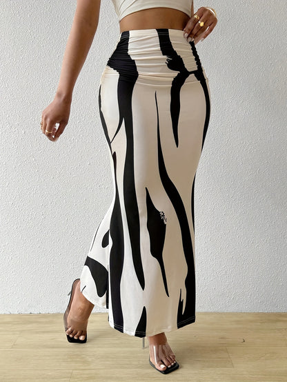 Zebra Print High Waist Ruched Bodycon Maxi Skirt