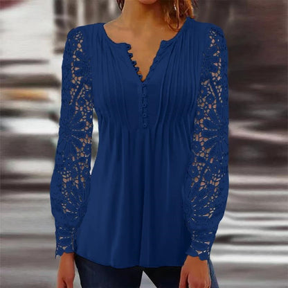 Women's Lace Sleeve Pleated V-Neck Blouse