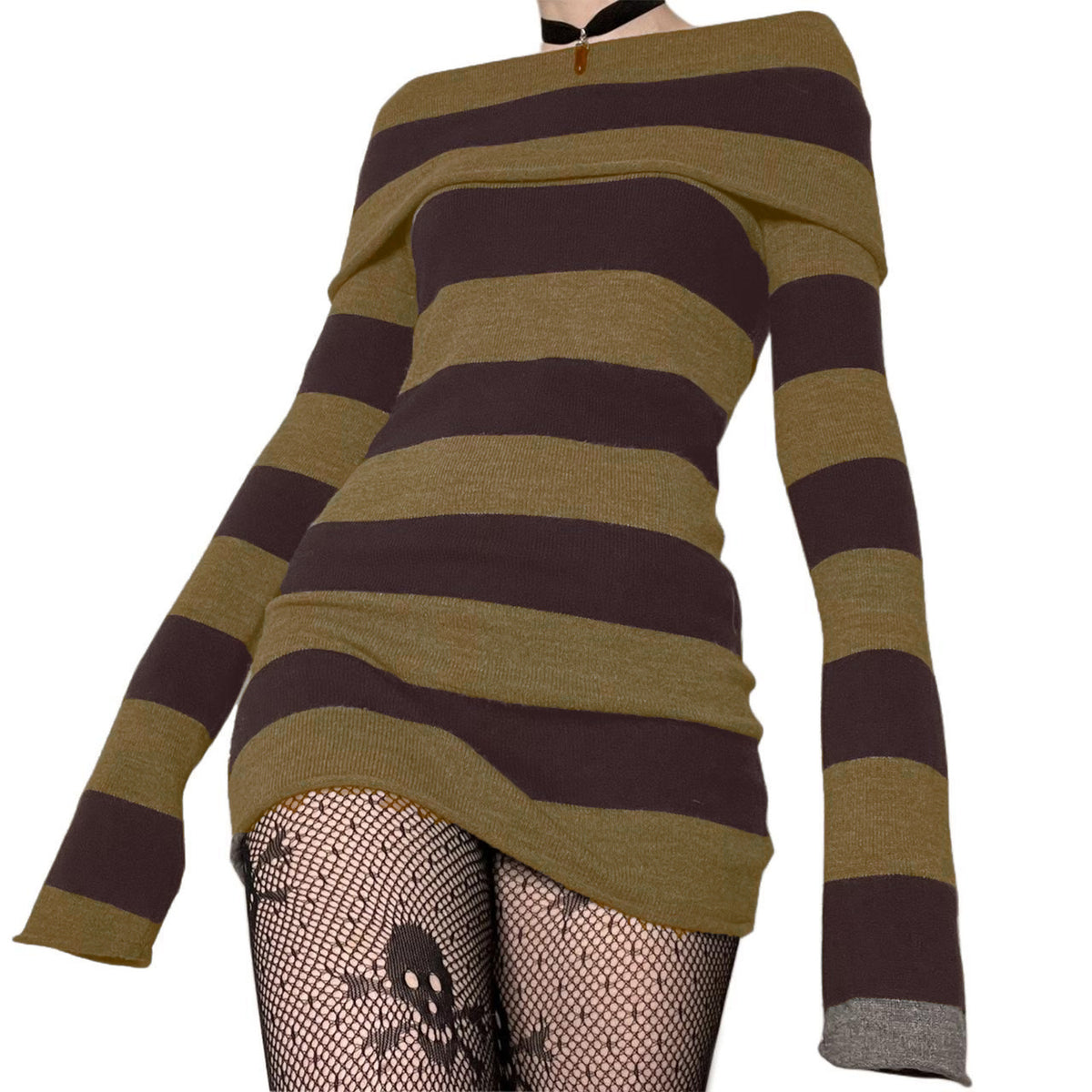 Y2K Striped Off Shoulder Sweater Dress Bodycon Midi