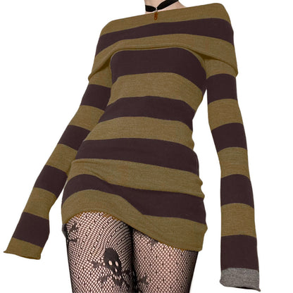 Y2K Striped Off Shoulder Sweater Dress Bodycon Midi
