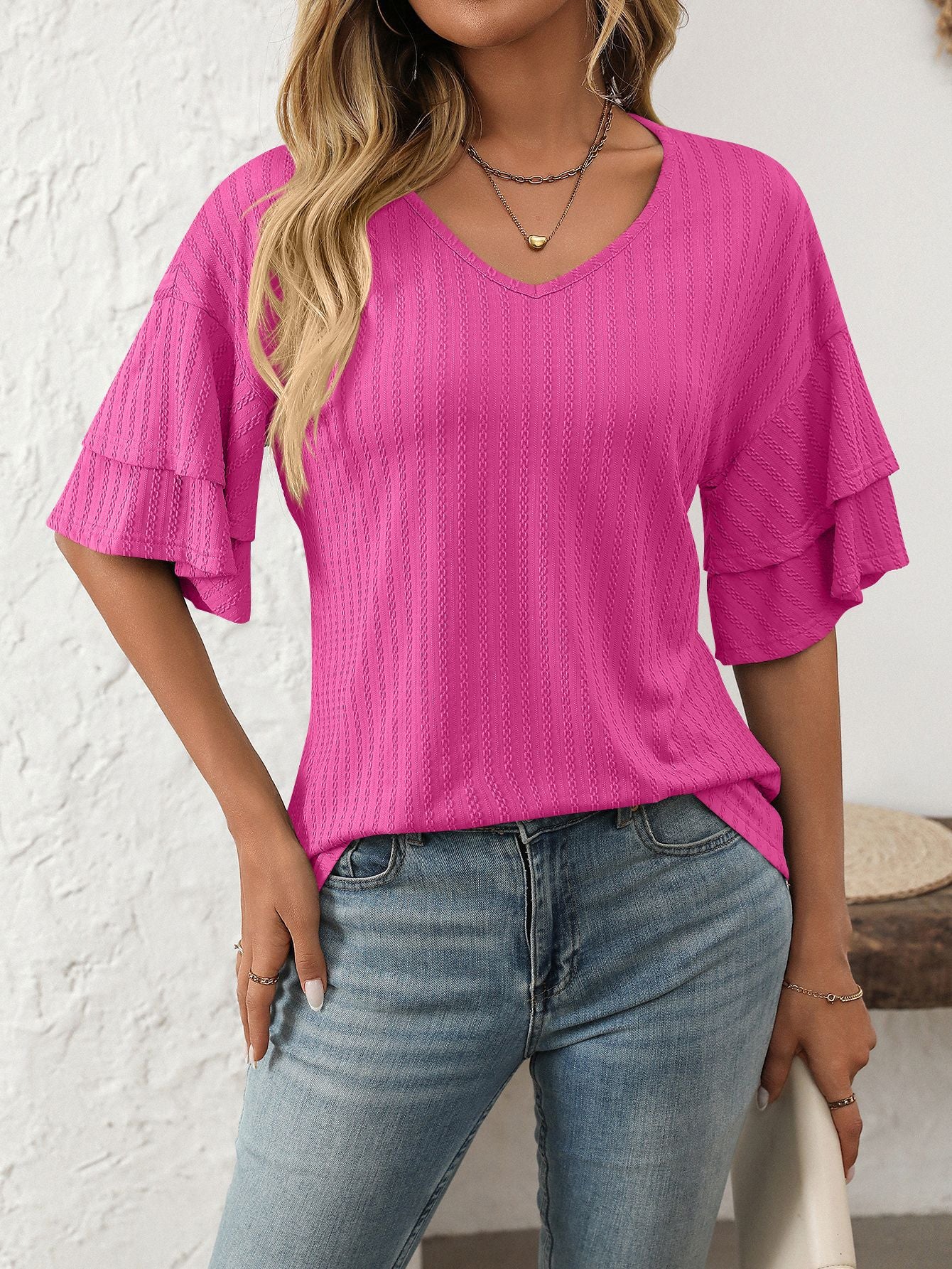 V-Neck Lotus Leaf Sleeve Women’s T-Shirt Top