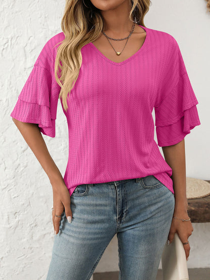 V-Neck Lotus Leaf Sleeve Women’s T-Shirt Top