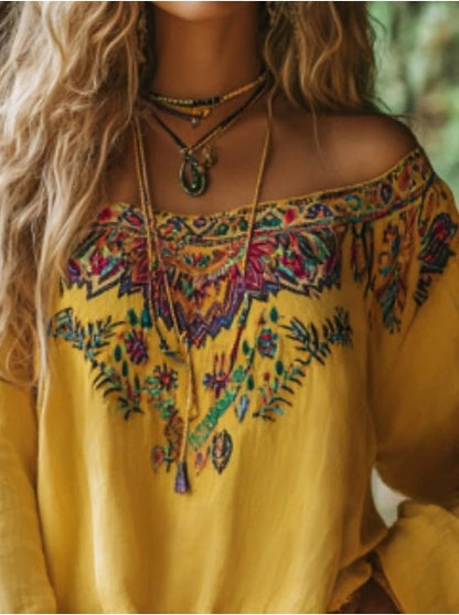 Women's Boho Off Shoulder Lantern Sleeve Floral Tribal Top