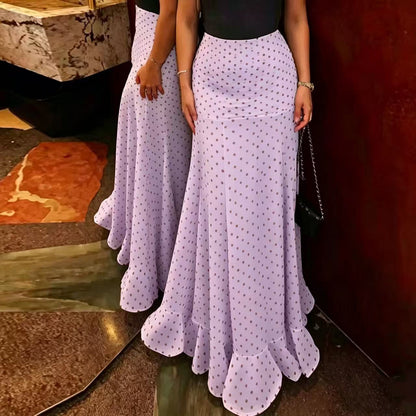 Women's Polka Dot High Waist Chiffon Maxi Skirt Ruffle Hem