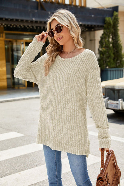 Women's Oversized Ribbed Long Sleeve Side Slit Tunic Top
