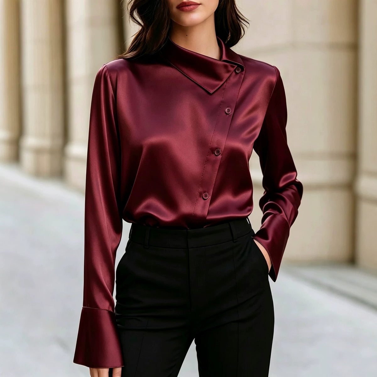 Women Satin Asymmetrical Collar Bell Sleeve Work Blouse